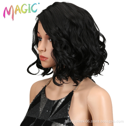 Magic Hair Short Loose Wavy Bob Wigs 12"inch Black Synthetic Front Lace Wigs For African American Women High Temperature Fiber